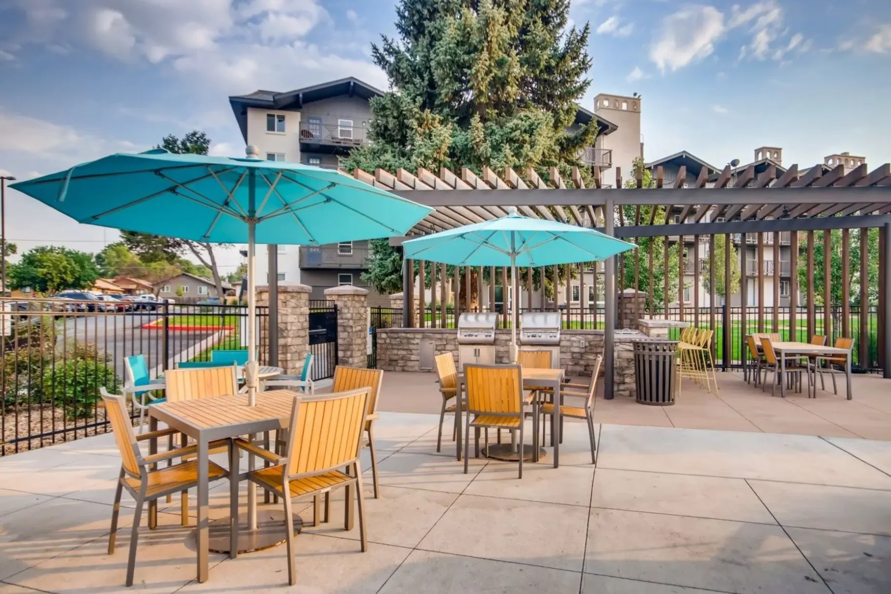 Pool deck with grilling stations and covered seating