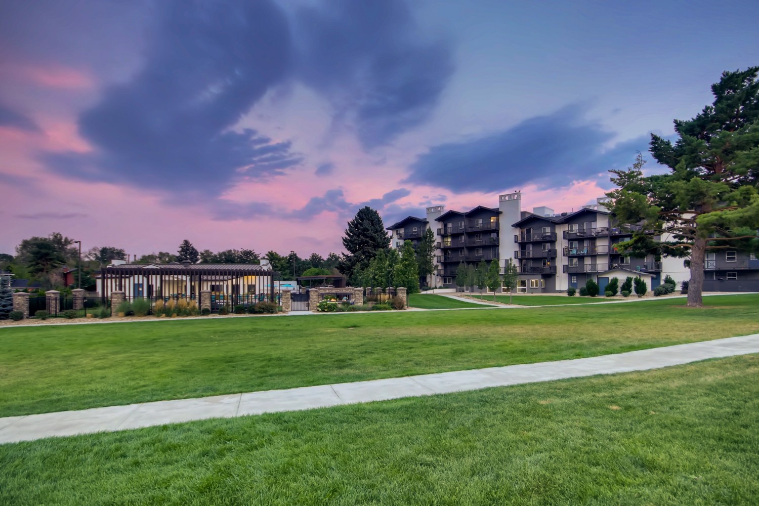 Green space between buildings with tree lines paths